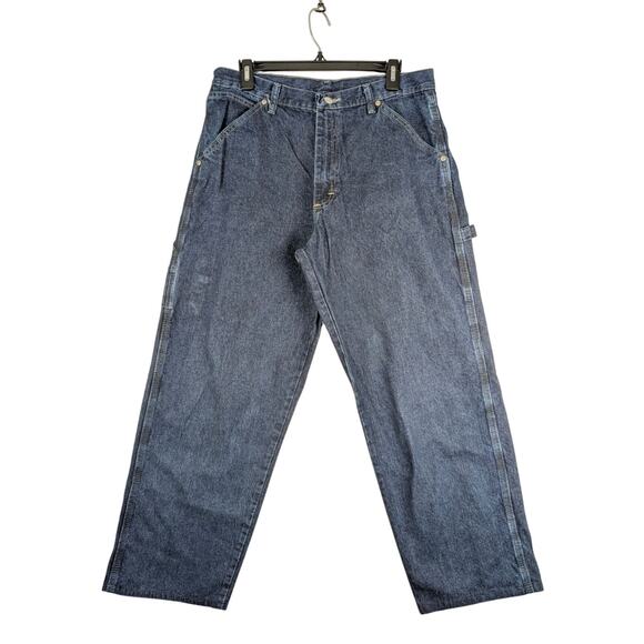Vintage Wrangler Mens 33x29 Blue Carpenter Denim Jeans Workwear Wide Leg - Picture 1 of 10